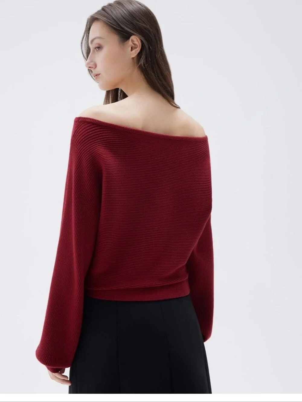 Off-Shoulder Ribbed Sweater - Wine Red - Picture 2 of 4